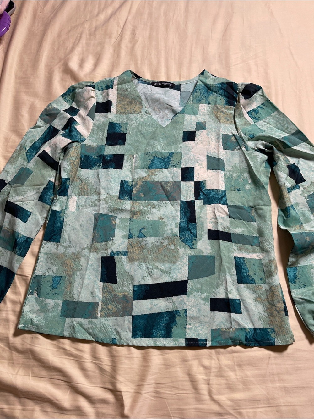 Teal and Navy Geometric V-Neck Blouse